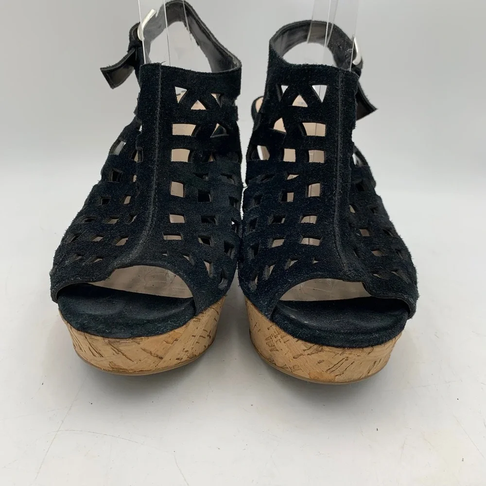 Franco Sarto Black Suede‎ Sandal Cage Wedge Platform Chunky Strappy Sassy Sz 10M